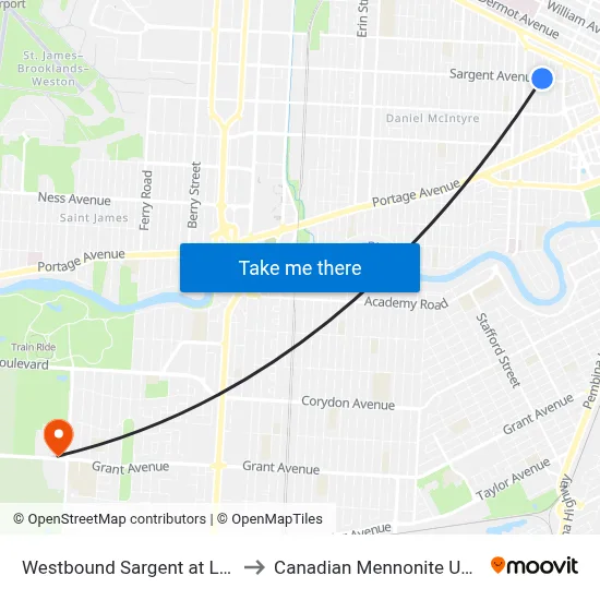 Westbound Sargent at Langside to Canadian Mennonite University map