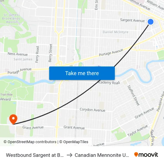 Westbound Sargent at Balmoral to Canadian Mennonite University map