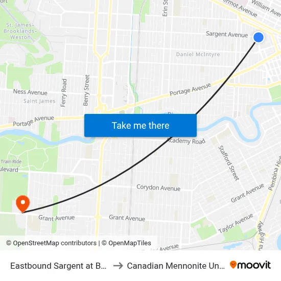 Eastbound Sargent at Balmoral to Canadian Mennonite University map