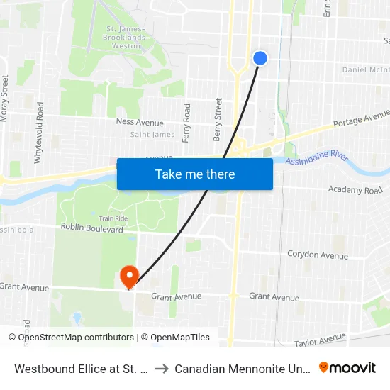 Westbound Ellice at St. James to Canadian Mennonite University map