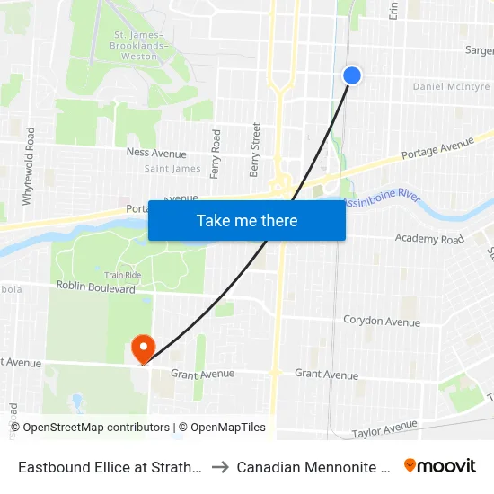 Eastbound Ellice at Strathcona West to Canadian Mennonite University map