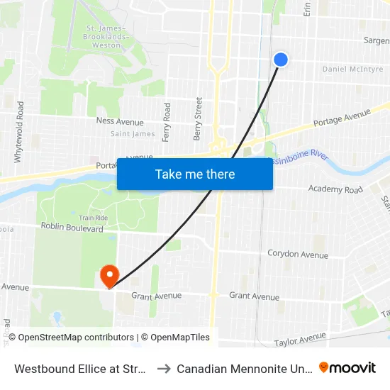 Westbound Ellice at Strathcona to Canadian Mennonite University map