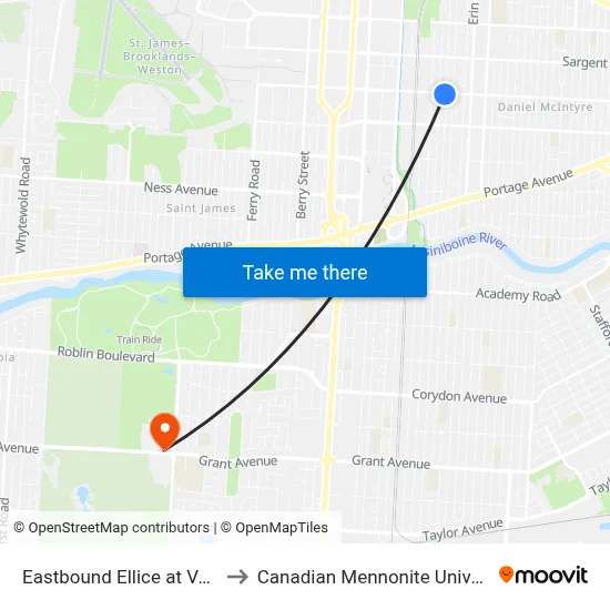Eastbound Ellice at Valour to Canadian Mennonite University map