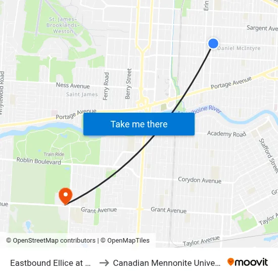 Eastbound Ellice at Wall to Canadian Mennonite University map