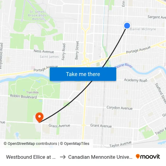 Westbound Ellice at Wall to Canadian Mennonite University map