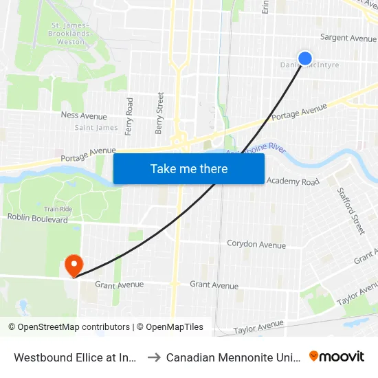 Westbound Ellice at Ingersoll to Canadian Mennonite University map