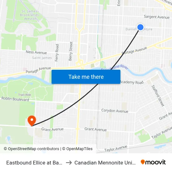 Eastbound Ellice at Banning to Canadian Mennonite University map