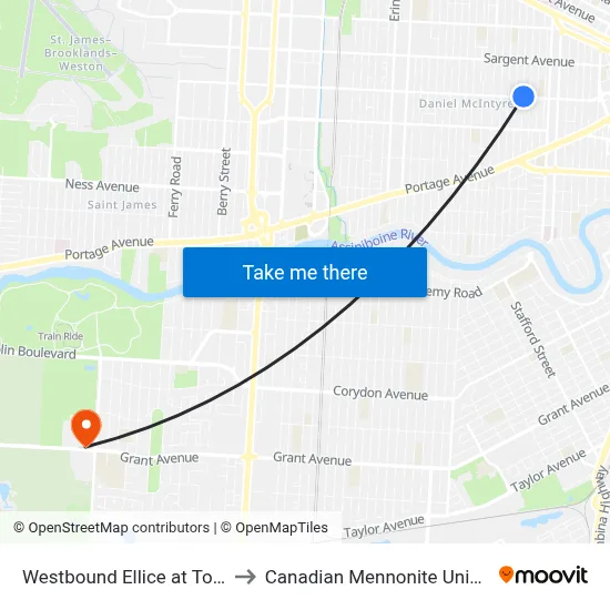 Westbound Ellice at Toronto to Canadian Mennonite University map