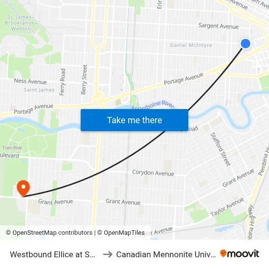 Westbound Ellice at Spence to Canadian Mennonite University map