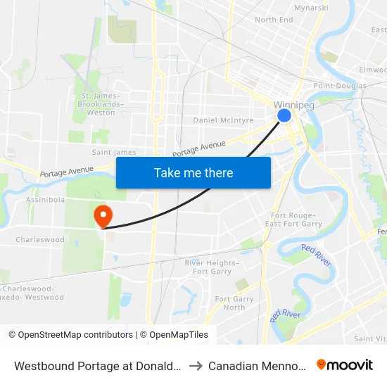 Westbound Portage at Donald (Canada Life Centre) to Canadian Mennonite University map