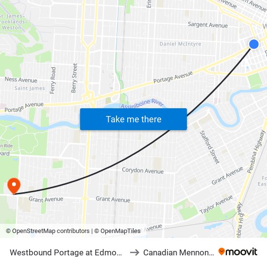 Westbound Portage at Edmonton (Portage Place) to Canadian Mennonite University map