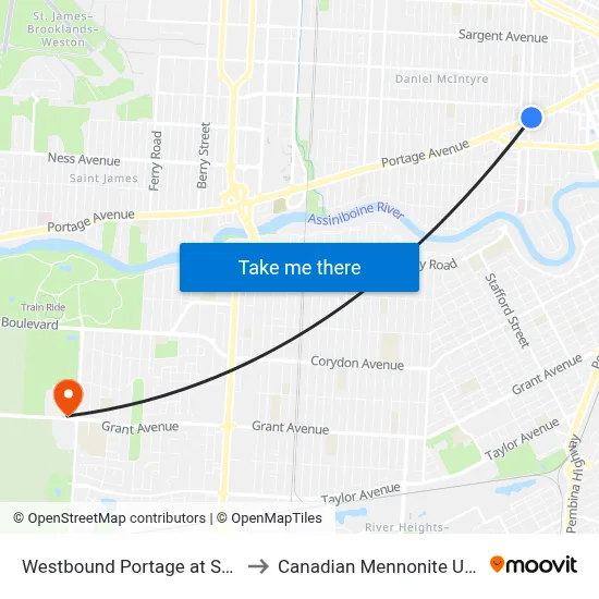 Westbound Portage at Sherbrook to Canadian Mennonite University map