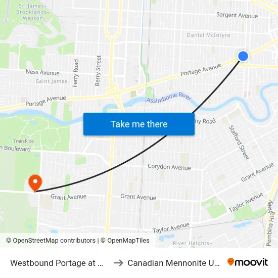 Westbound Portage at Maryland to Canadian Mennonite University map