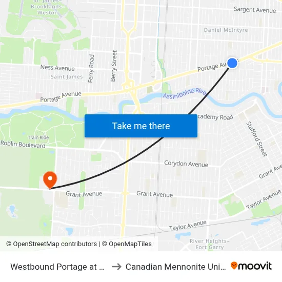 Westbound Portage at Burnell to Canadian Mennonite University map