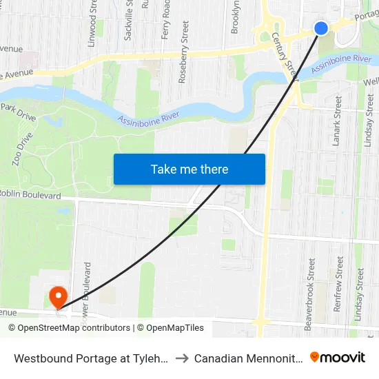 Westbound Portage at Tylehurst (Polo Park) to Canadian Mennonite University map