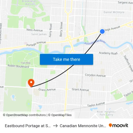 Eastbound Portage at Sprague to Canadian Mennonite University map