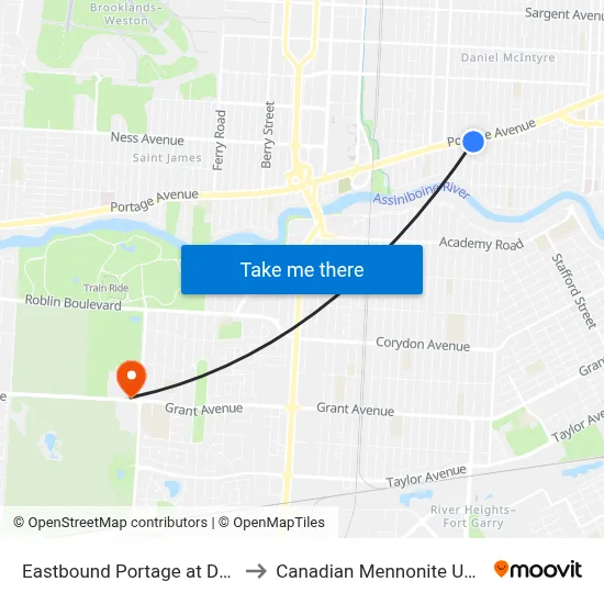 Eastbound Portage at Dominion to Canadian Mennonite University map