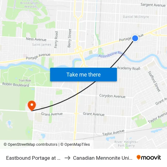 Eastbound Portage at Lipton to Canadian Mennonite University map