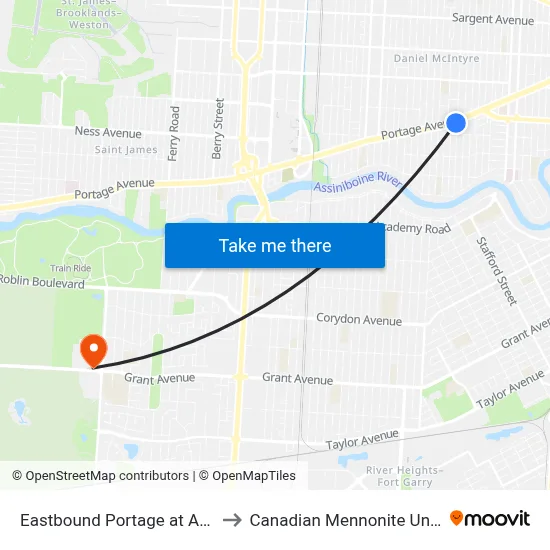 Eastbound Portage at Arlington to Canadian Mennonite University map