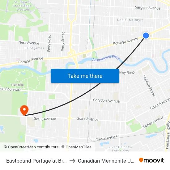 Eastbound Portage at Broadway to Canadian Mennonite University map