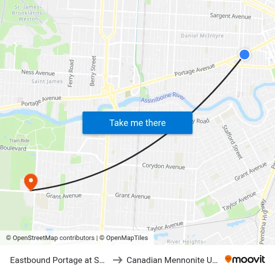 Eastbound Portage at Sherbrook to Canadian Mennonite University map