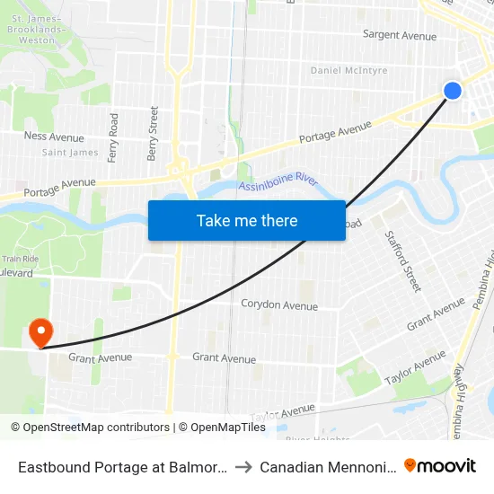 Eastbound Portage at Balmoral (U Of Winnipeg) to Canadian Mennonite University map
