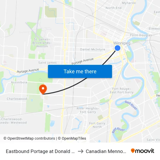 Eastbound Portage at Donald (Canada Life Centre) to Canadian Mennonite University map