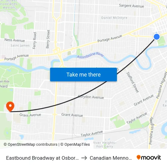 Eastbound Broadway at Osborne East (Legislature) to Canadian Mennonite University map