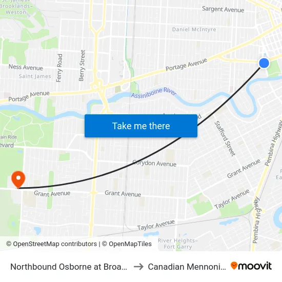 Northbound Osborne at Broadway (Legislature) to Canadian Mennonite University map