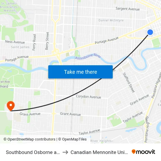 Southbound Osborne at York to Canadian Mennonite University map
