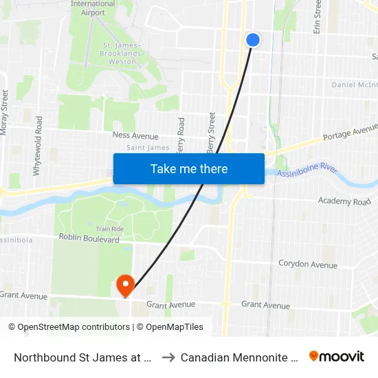 Northbound St James at Superstore to Canadian Mennonite University map