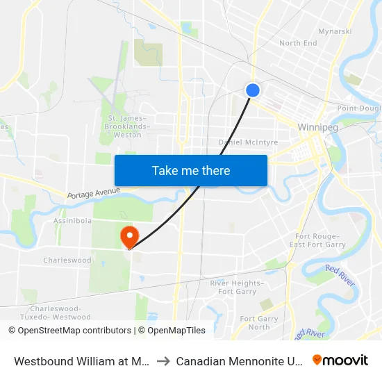 Westbound William at Mcphillips to Canadian Mennonite University map