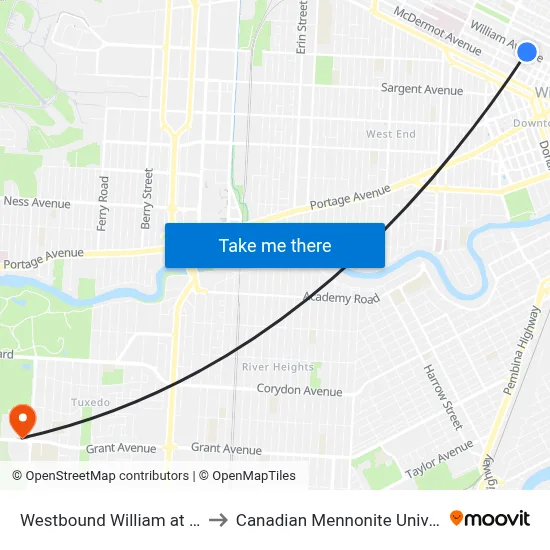 Westbound William at Ellen to Canadian Mennonite University map