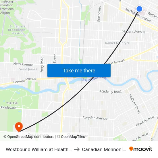 Westbound William at Health Sciences Centre to Canadian Mennonite University map