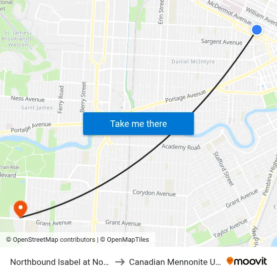 Northbound Isabel at Notre Dame to Canadian Mennonite University map