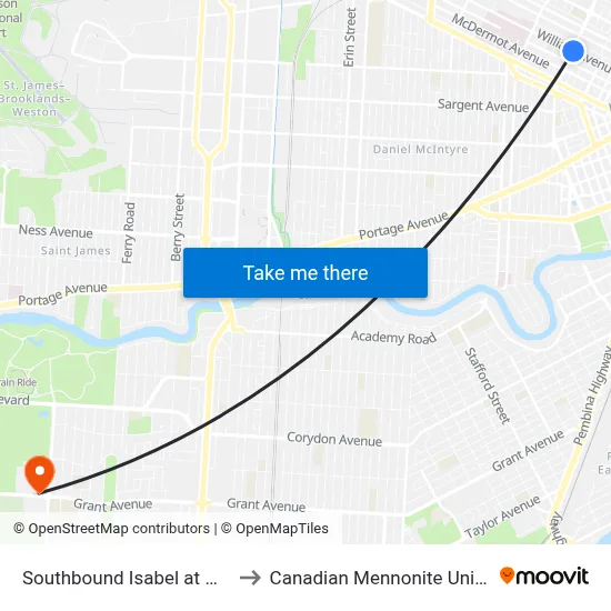 Southbound Isabel at William to Canadian Mennonite University map