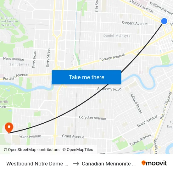 Westbound Notre Dame at Dagmar to Canadian Mennonite University map