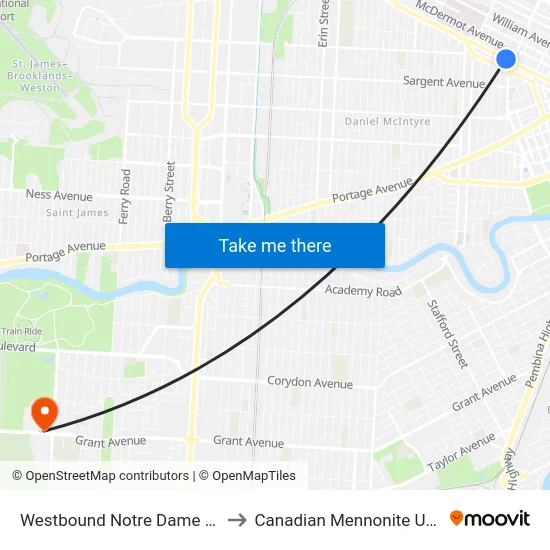 Westbound Notre Dame at Isabel to Canadian Mennonite University map