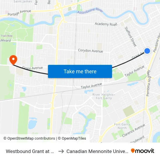 Westbound Grant at Lilac to Canadian Mennonite University map