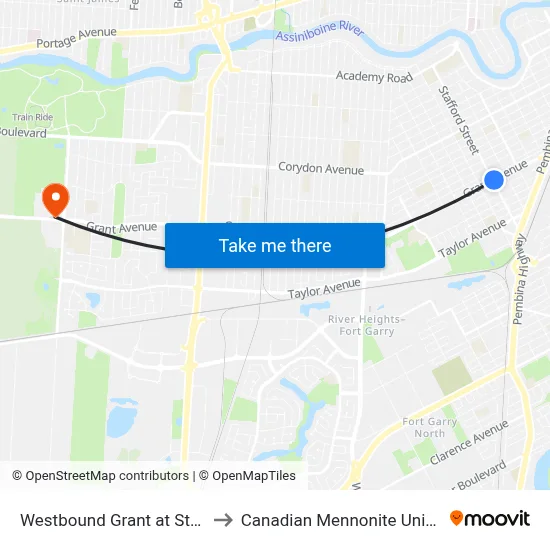 Westbound Grant at Stafford to Canadian Mennonite University map