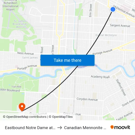 Eastbound Notre Dame at Arlington to Canadian Mennonite University map