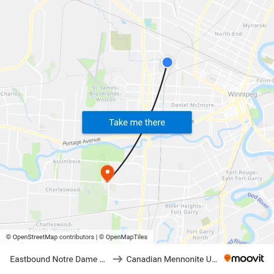 Eastbound Notre Dame at Dublin to Canadian Mennonite University map