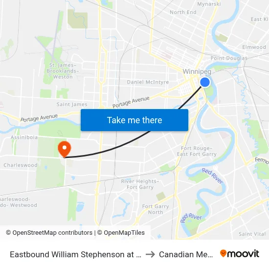 Eastbound William Stephenson at Canadian Museum For Human Rights to Canadian Mennonite University map
