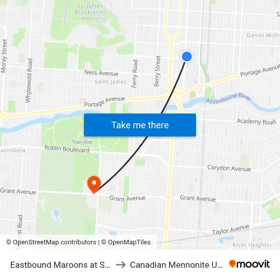 Eastbound Maroons at St. James to Canadian Mennonite University map