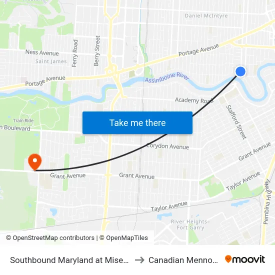 Southbound Maryland at Misericordia Health Centre to Canadian Mennonite University map