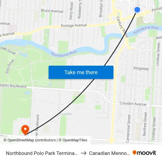 Northbound Polo Park Terminal at Polo Park Hub (D16) to Canadian Mennonite University map
