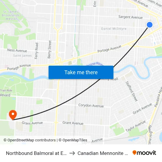 Northbound Balmoral at Ellice North to Canadian Mennonite University map
