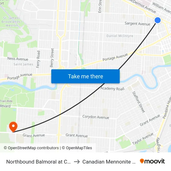 Northbound Balmoral at Cumberland to Canadian Mennonite University map