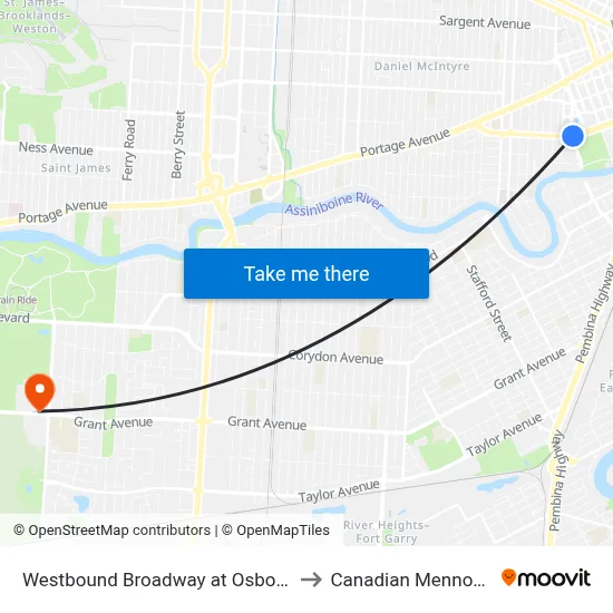 Westbound Broadway at Osborne East (Legislature) to Canadian Mennonite University map