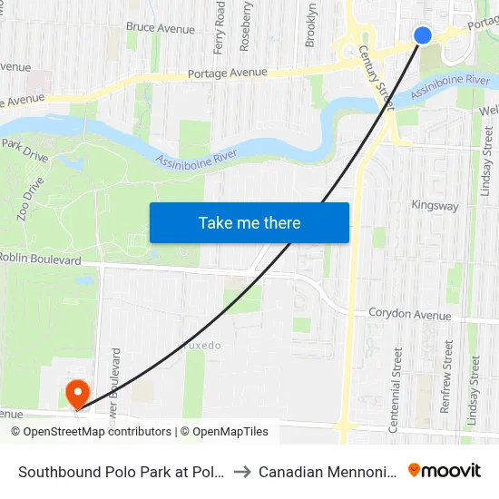 Southbound Polo Park at Polo Park Hub (Fx4) to Canadian Mennonite University map